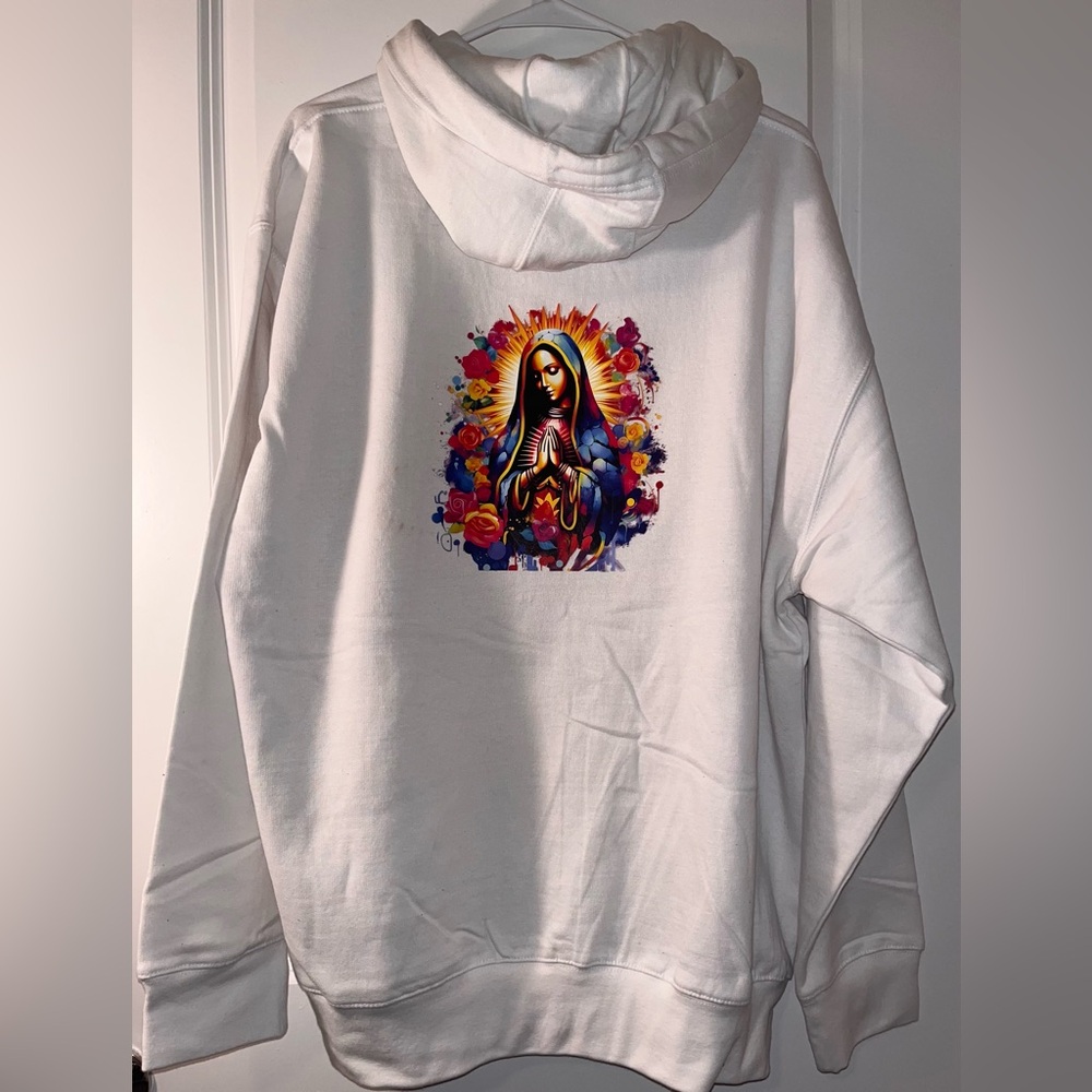 White Hoodie w/colorful Virgin Mary size XL